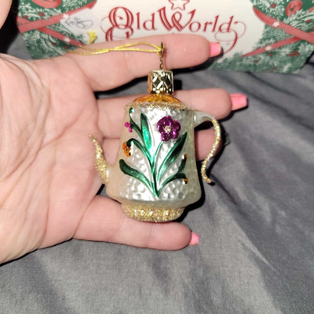 INGE-GLAS Teapot Bumpy floral Hand Blown Glass Christmas Ornament Vtg German